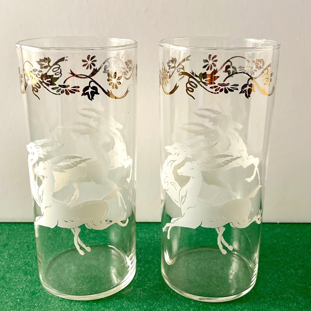 VINTAGE MCM Leaping Gazelle Highball Glasses (Set of 2) White & Gold Trim